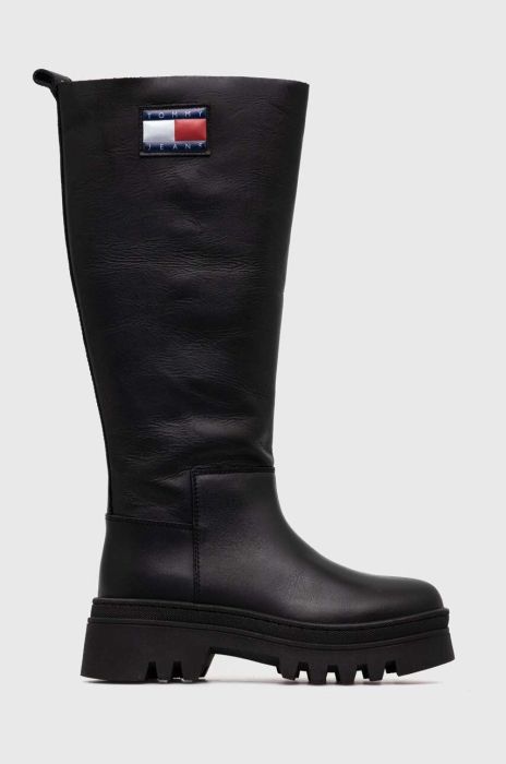 Шкіряні чоботи Tommy Jeans TJW FASHION HIGH SHAFT жіночі колір чорний на плоскому ходу EN0EN02288 Шкіряні чоботи Tommy Jeans TJW FASHION HIGH SHAFT жіночі колір чорний на плоскому ходу EN0EN02288