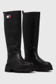 Шкіряні чоботи Tommy Jeans TJW FASHION HIGH SHAFT жіночі колір чорний на плоскому ходу EN0EN02288 Шкіряні чоботи Tommy Jeans TJW FASHION HIGH SHAFT жіночі колір чорний на плоскому ходу EN0EN02288