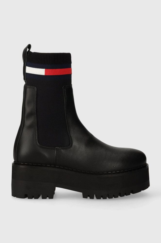 Шкіряні черевики Tommy Jeans TJW FLATFORM CHELSEA SOCK жіночі колір чорний на плоскому ходу EN0EN02301