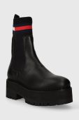 Шкіряні черевики Tommy Jeans TJW FLATFORM CHELSEA SOCK жіночі колір чорний на плоскому ходу EN0EN02301