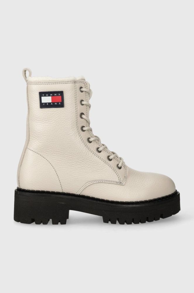 Шкіряні черевики Tommy Jeans TJW URBAN BOOT TUMBLED LTR WL жіночі колір бежевий на плоскому ходу утеплене EN0EN02317