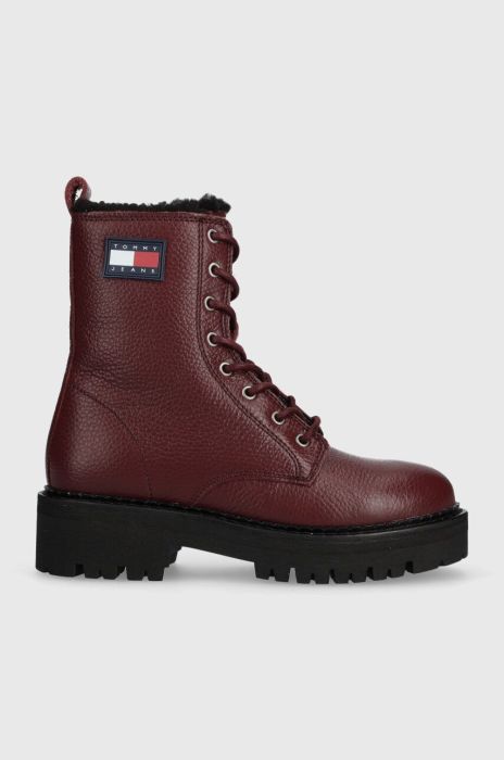 Шкіряні черевики Tommy Jeans TJW URBAN BOOT TUMBLED LTR WL жіночі колір бордовий на плоскому ходу утеплене EN0EN02317 Шкіряні черевики Tommy Jeans TJW URBAN BOOT TUMBLED LTR WL жіночі колір бордовий на плоскому ходу утеплене EN0EN02317