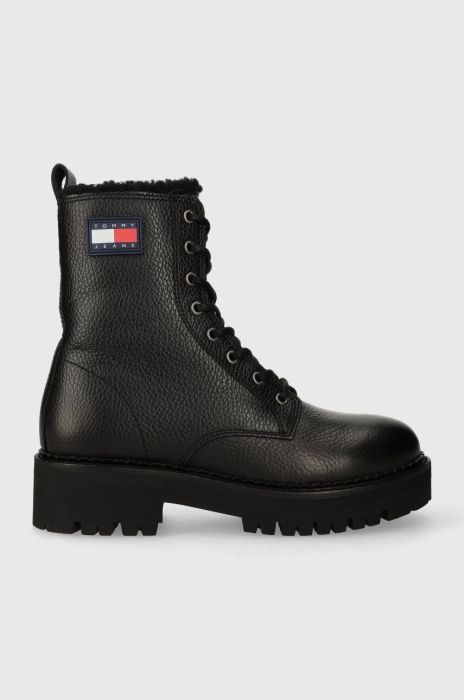 Шкіряні черевики Tommy Jeans TJW URBAN BOOT TUMBLED LTR WL жіночі колір чорний на плоскому ходу утеплене EN0EN02317 Шкіряні черевики Tommy Jeans TJW URBAN BOOT TUMBLED LTR WL жіночі колір чорний на плоскому ходу утеплене EN0EN02317