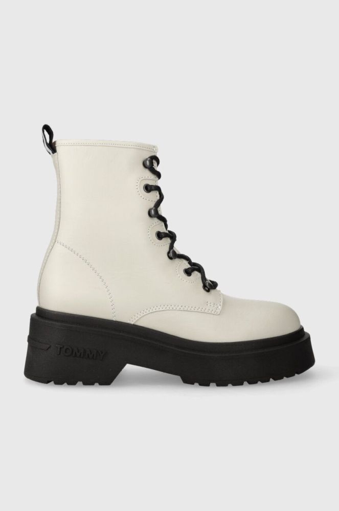 Шкіряні черевики Tommy Jeans TJW LACE UP BOOT CHUNKY жіночі колір бежевий на платформі EN0EN02404