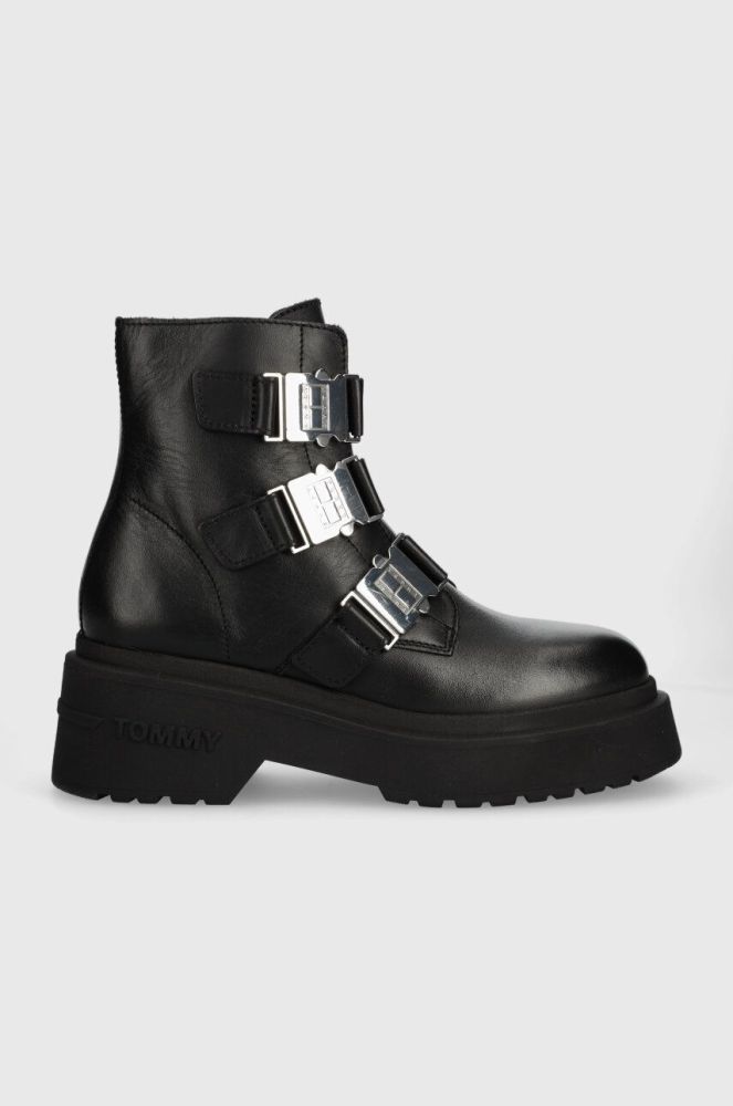 Шкіряні черевики Tommy Jeans TJW CHUNKY BOOT HARDWARE жіночі колір чорний на платформі EN0EN02443