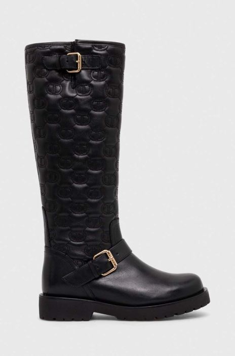 Шкіряні чоботи Twinset жіночі колір чорний на плоскому ходу 232TCT058