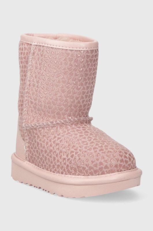 Дитячі шкіряні чоботи UGG T CLASSIC IIEL HEARTS колір рожевий фото 2