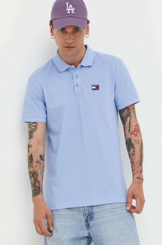Бавовняне поло Tommy Jeans однотонний колір блакитний фото 4
