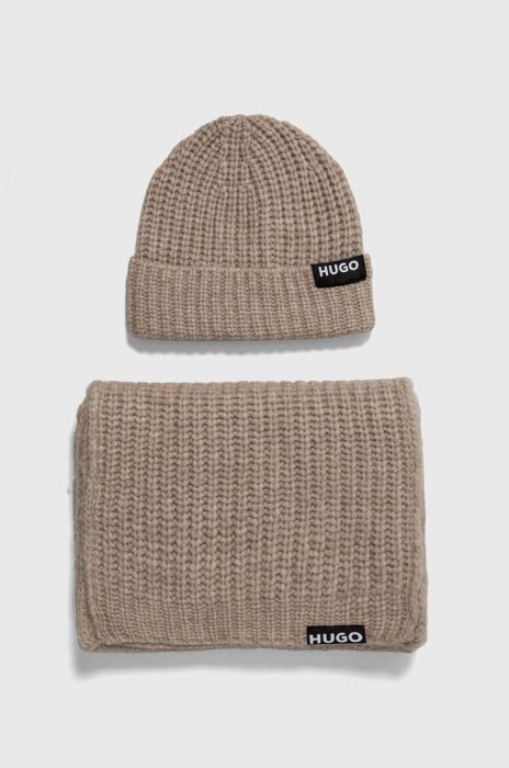 Шерстяна шапка і шарф HUGO колір бежевий