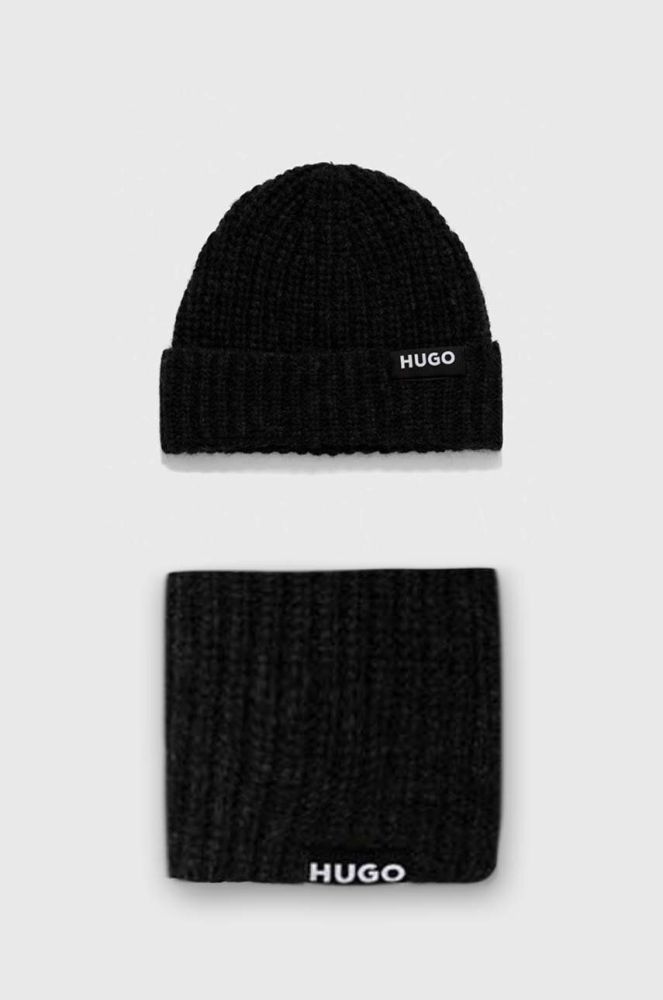 Шерстяна шапка і шарф HUGO колір чорний