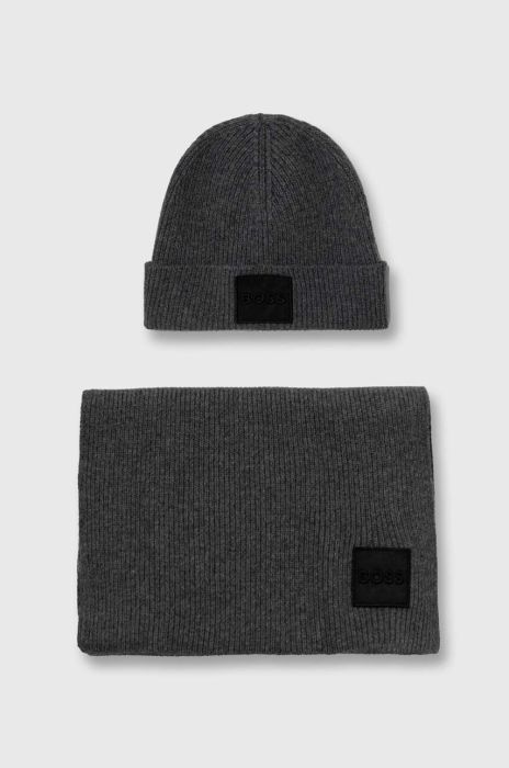 Шапка та шарф з домішкою вовни BOSS колір сірий