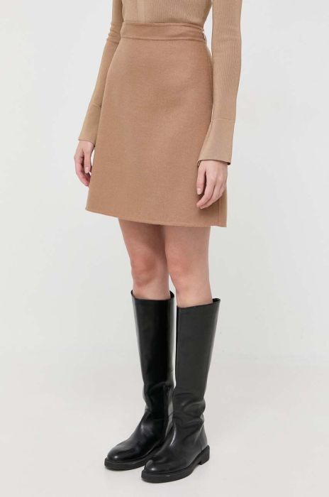 Вовняна спідниця BOSS колір бежевий mini розкльошена Вовняна спідниця BOSS колір бежевий mini розкльошена