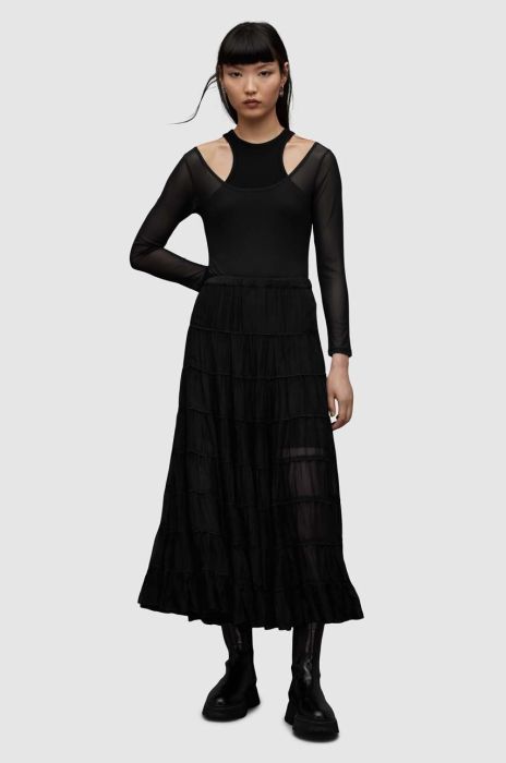 Спідниця AllSaints EVA SKIRT колір чорний maxi розкльошена Спідниця AllSaints EVA SKIRT колір чорний maxi розкльошена