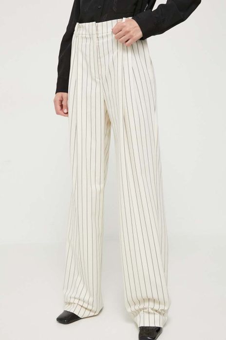 Штани з домішкою вовни HUGO колір бежевий широке висока посадка