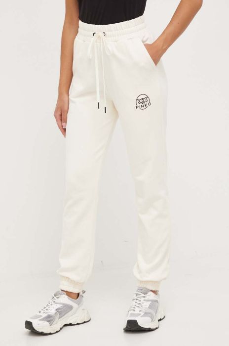 Бавовняні спортивні штани Pinko колір бежевий з аплікацією