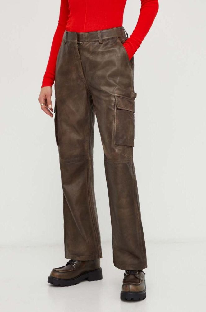 Шкіряні штани Herskind жіночі колір коричневий пряме висока посадка