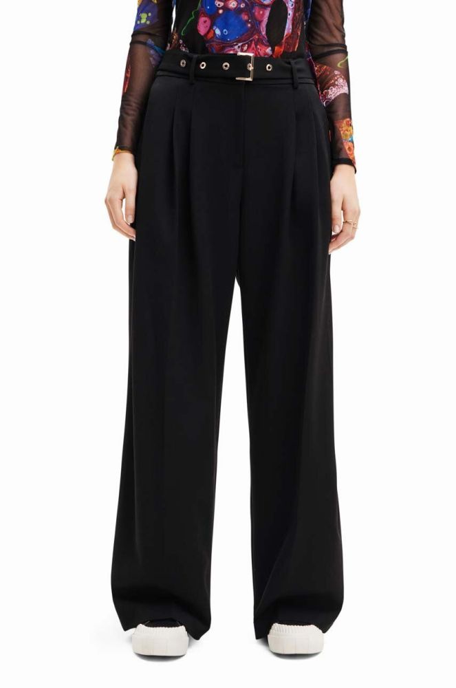 Штани Desigual 23WWPW24 WOMAN WOVEN LONG TROUSERS жіночі колір чорний широкі середня посадка