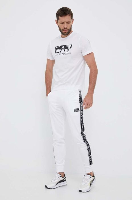 Бавовняні спортивні штани EA7 Emporio Armani колір білий з принтом