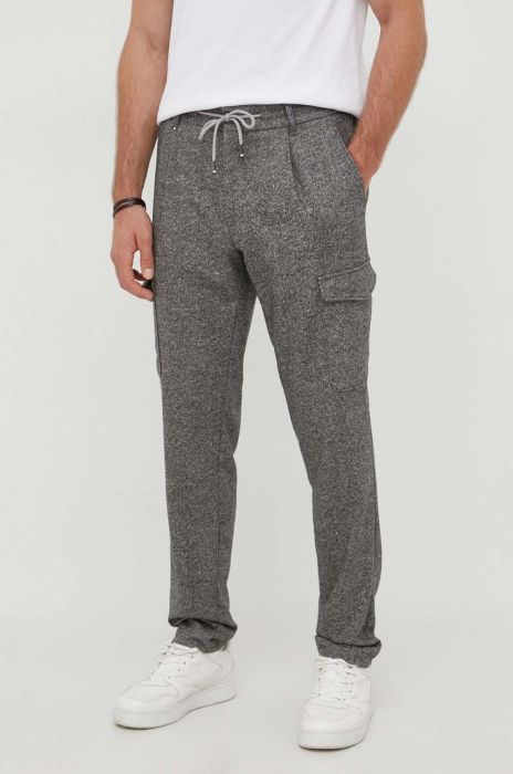 Вовняні штани BOSS колір сірий облягаюче