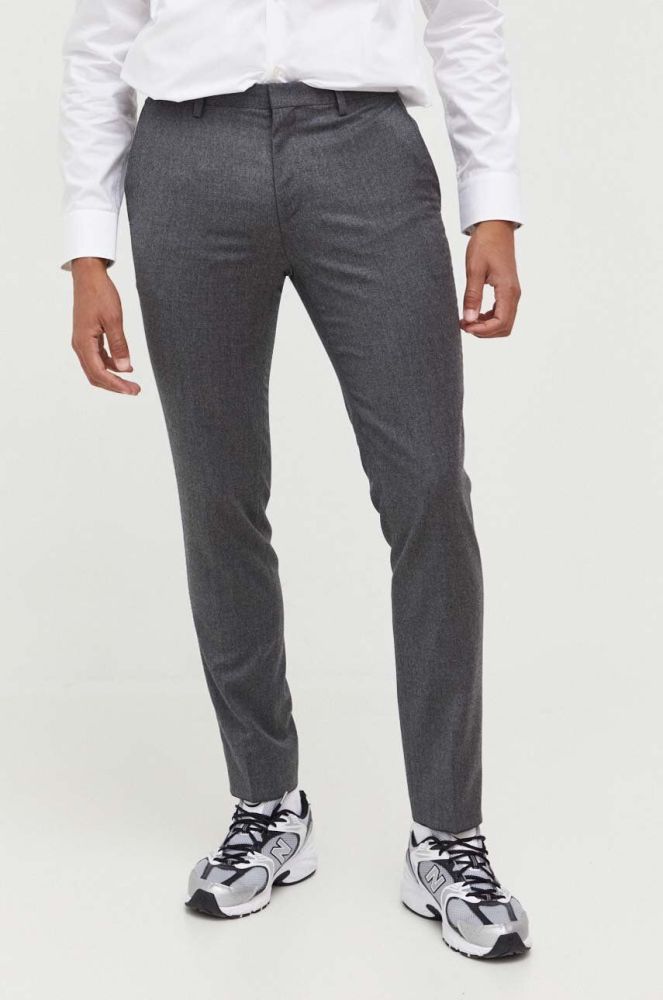 Вовняні штани HUGO колір сірий облягаюче (3586177)
