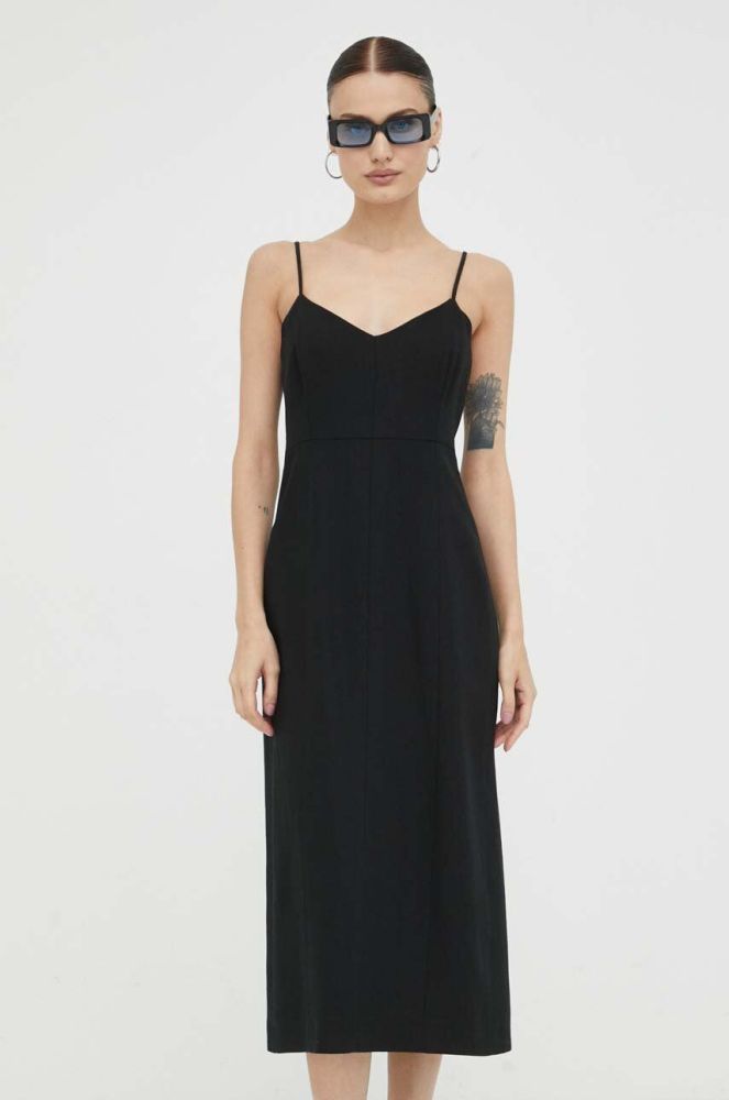 Льняна сукня Drykorn колір чорний midi облягаюча