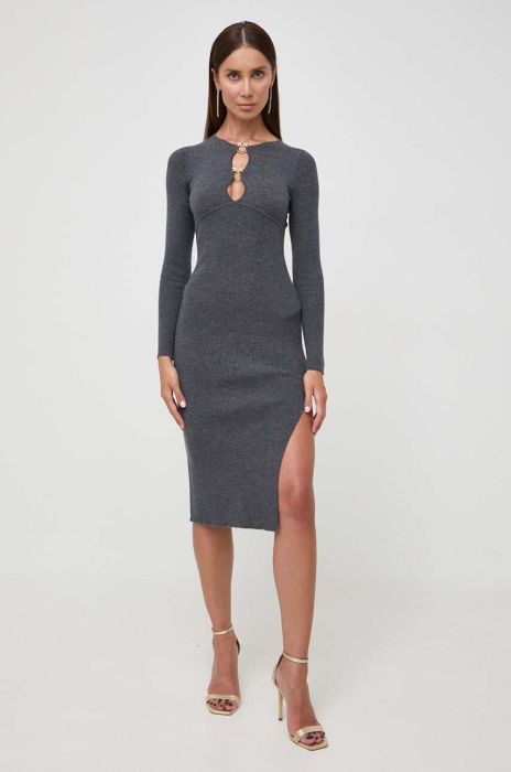 Вовняна сукня Pinko колір сірий midi облягаюча