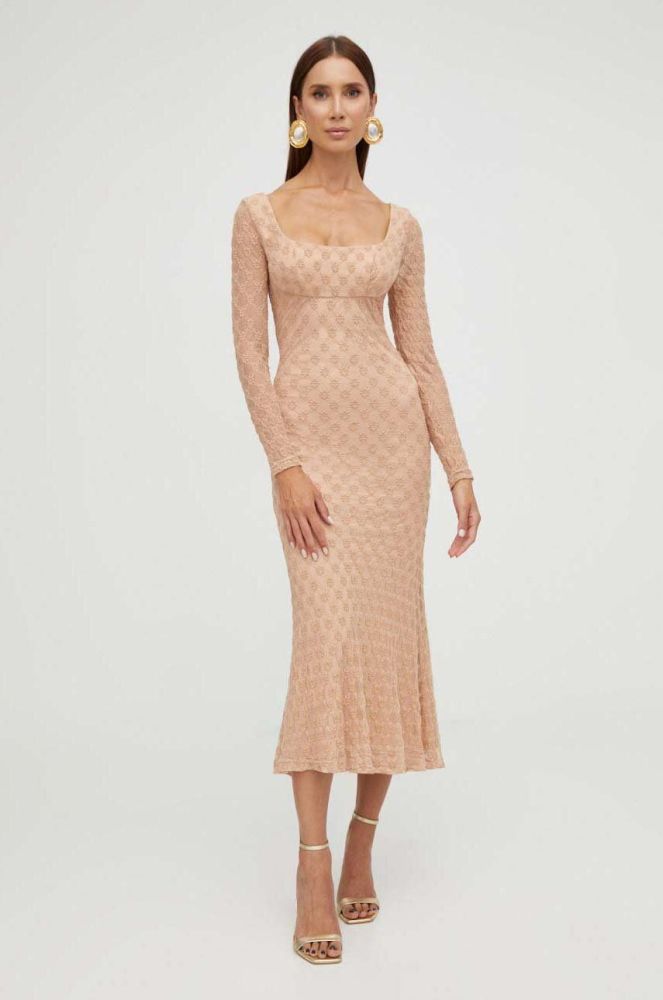 Сукня Bardot колір бежевий maxi облягаюча (3572289)