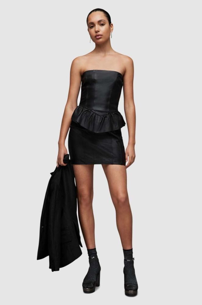 Шкіряна сукня AllSaints WL068Z CASSIE LEA RUFFLE DR колір чорний mini облягаюча фото 6