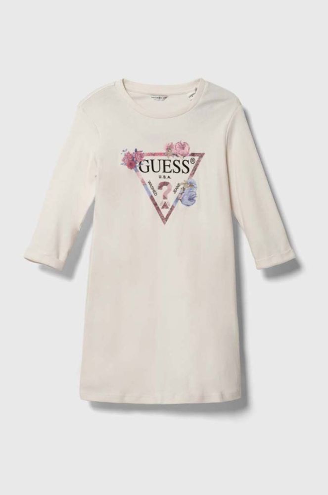 Дитяча бавовняна сукня Guess колір бежевий midi пряма (3581823)