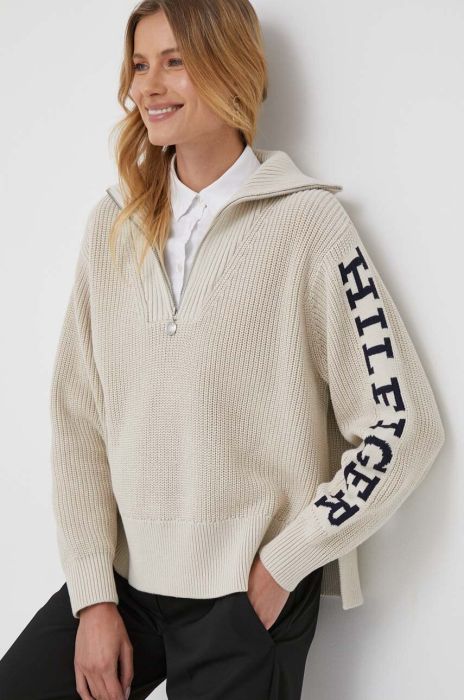 Бавовняний светр Tommy Hilfiger колір бежевий теплий гольф (3316800)