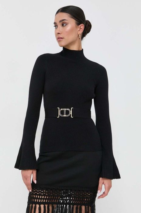 Дитячий светр з домішкою льону Twinset колір чорний легкий півгольф