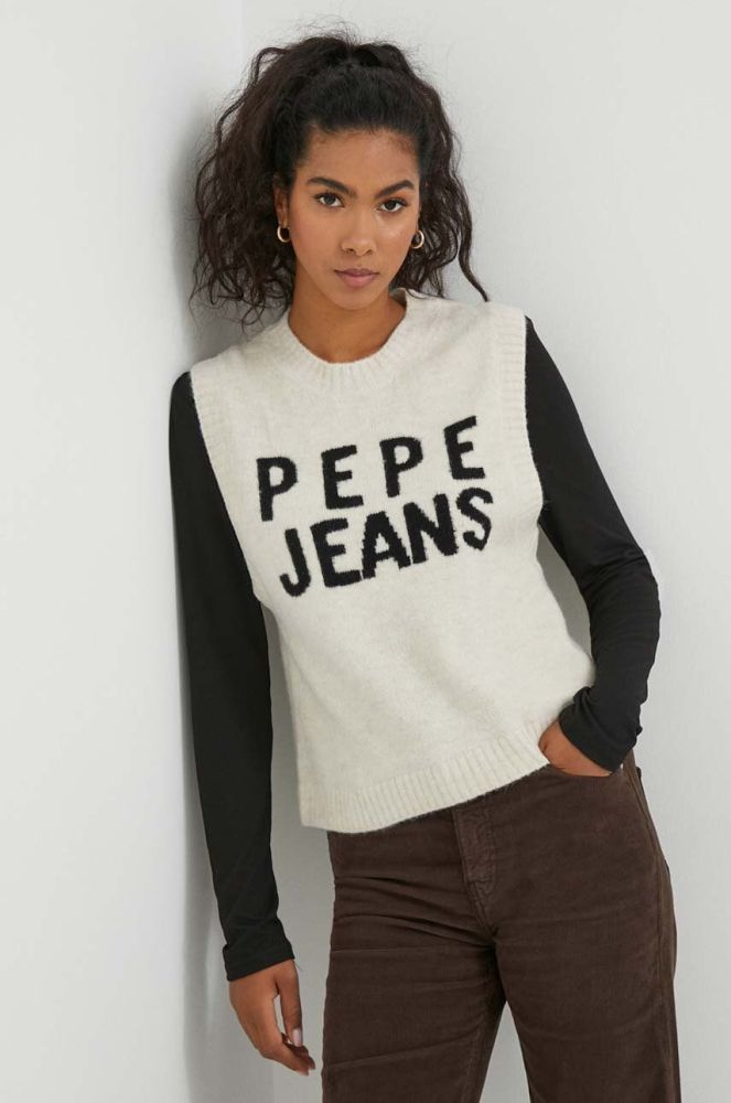 Жилетка з домішкою вовни Pepe Jeans Denisse колір бежевий