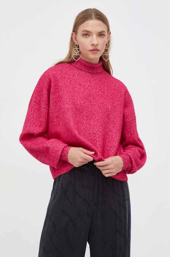 Вовняний светр HUGO жіночий колір рожевий легкий гольф