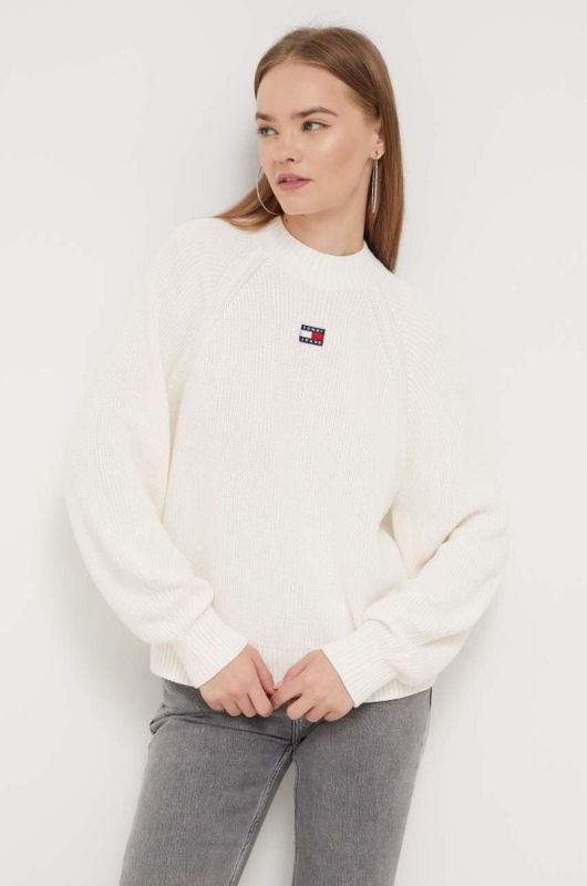 Бавовняний светр Tommy Jeans колір бежевий півгольф
