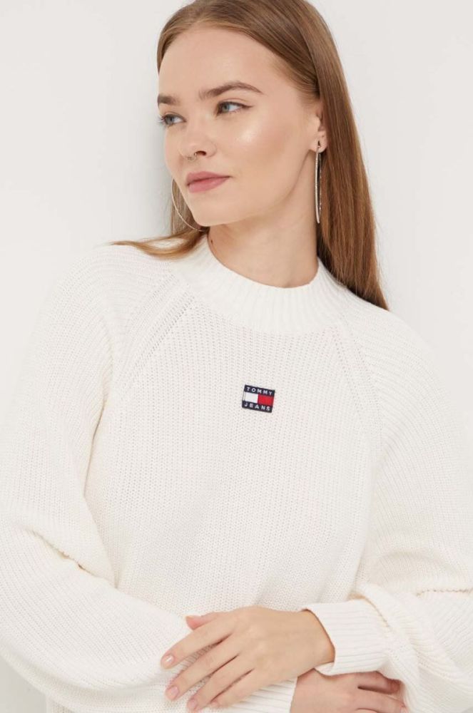 Бавовняний светр Tommy Jeans колір бежевий півгольф фото 4
