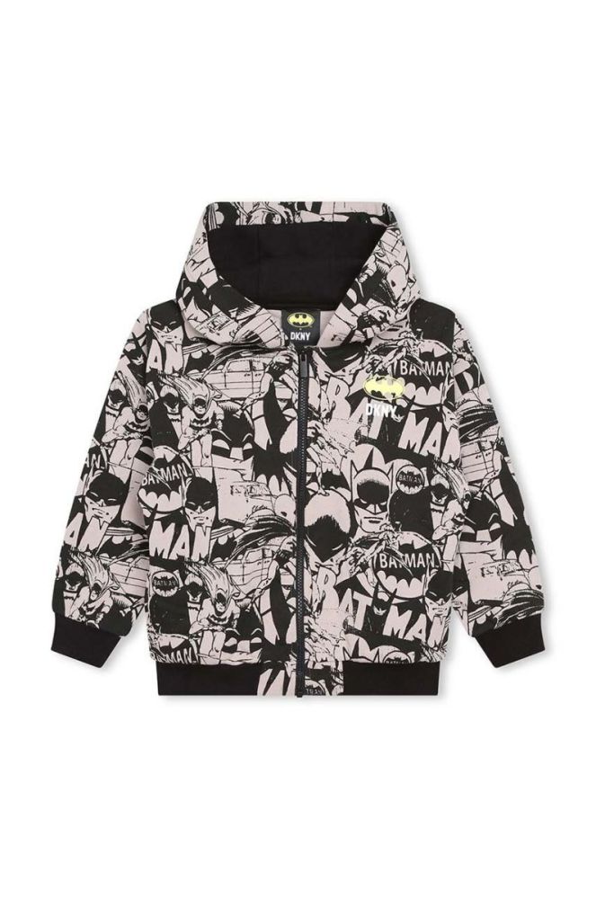 Дитяча бавовняна кофта Dkny x DC Comics колір чорний з капюшоном візерунок (3640578) фото 2