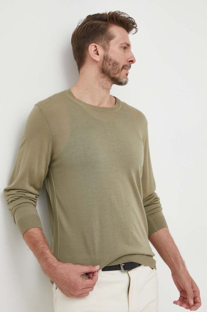 Вовняний светр BOSS чоловічий колір зелений легкий (3253842)