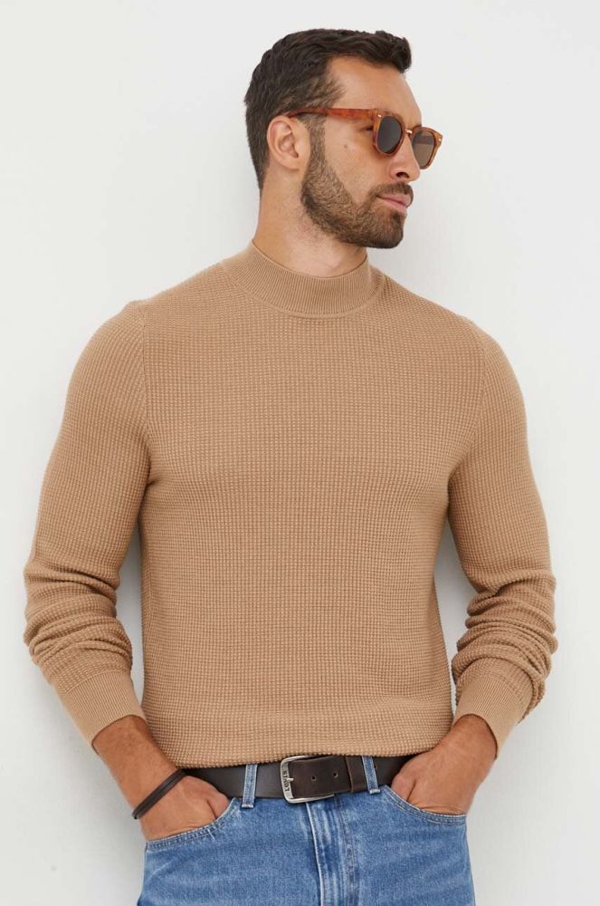 Вовняний светр BOSS чоловічий колір бежевий легкий півгольф (3306142)