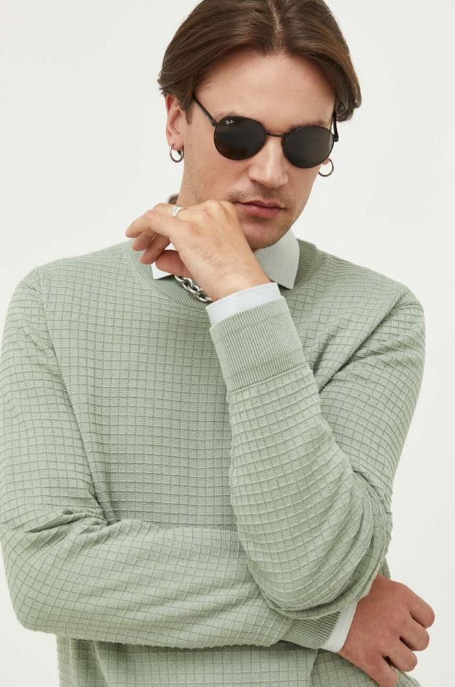 Бавовняний светр HUGO колір зелений легкий (3322450)