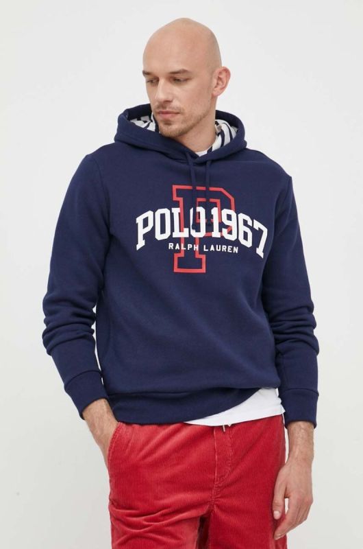 Кофта Polo Ralph Lauren чоловіча колір синій з капюшоном з принтом