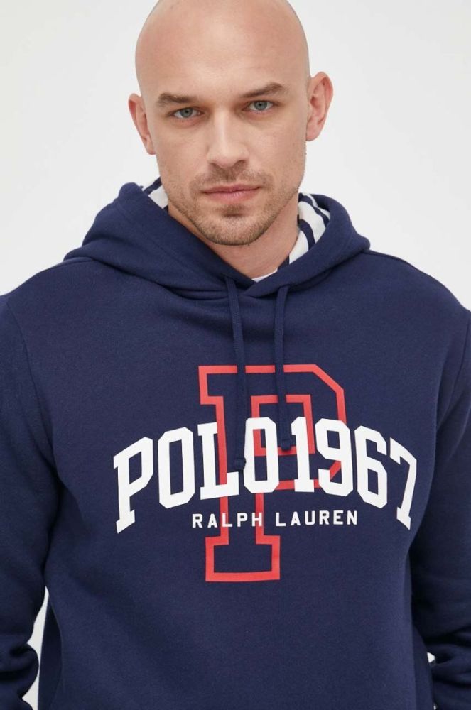 Кофта Polo Ralph Lauren чоловіча колір синій з капюшоном з принтом фото 4