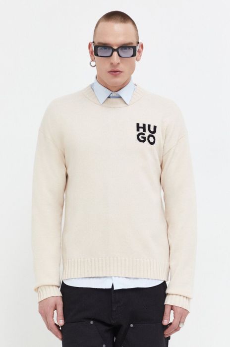 Вовняний светр HUGO чоловічий колір бежевий легкий