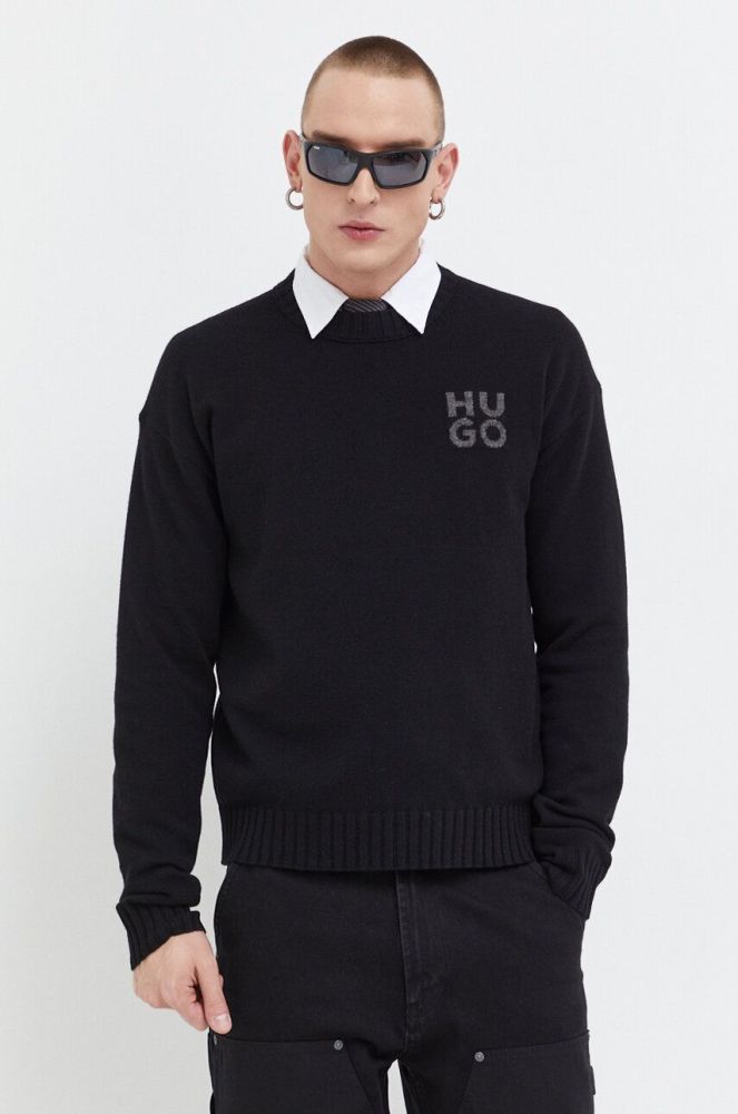 Вовняний светр HUGO чоловічий колір чорний легкий (3676844)