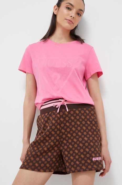 Шорти Guess жіночі колір коричневий візерунок висока посадка