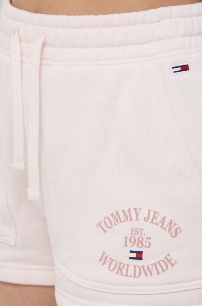Бавовняні шорти Tommy Jeans колір рожевий з принтом висока посадка фото 4
