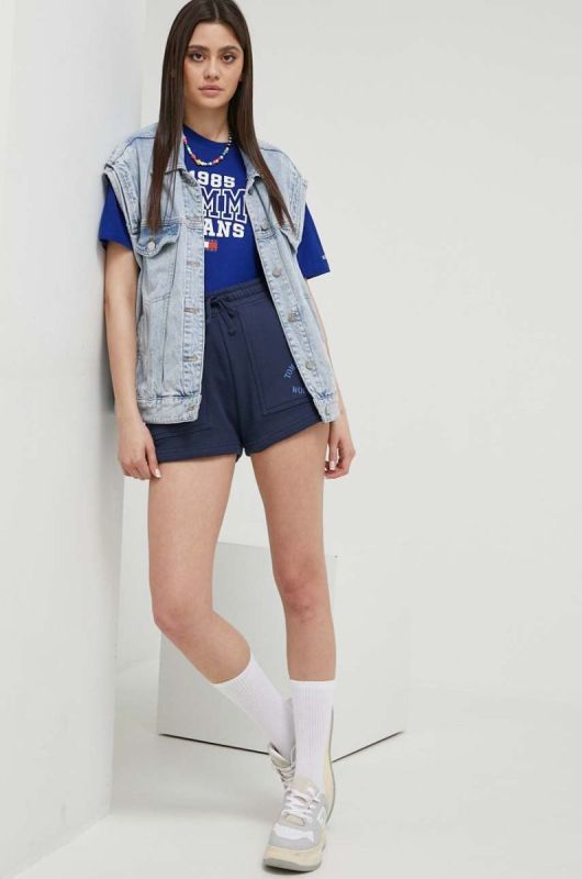 Бавовняні шорти Tommy Jeans колір синій з принтом висока посадка фото 2