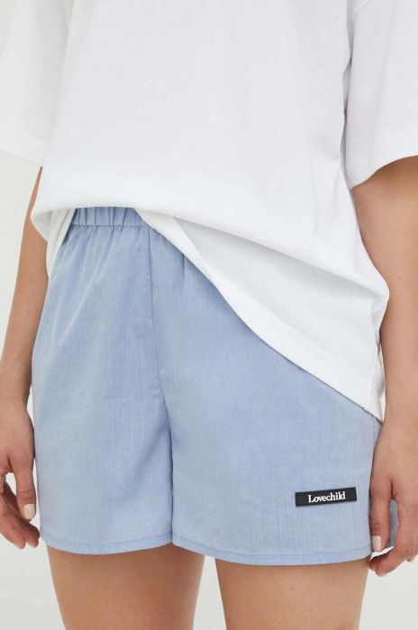 Бавовняні шорти Lovechild однотонні висока посадка колір блакитний