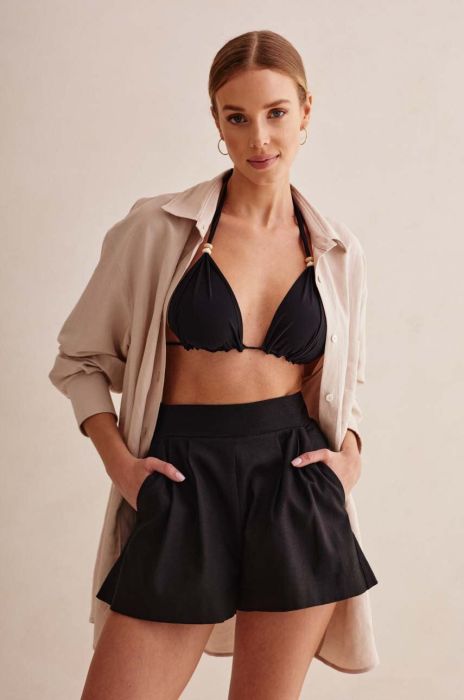 Шорти з домішкою льону Praia Beachwear CAPRI колір чорний однотонні висока посадка