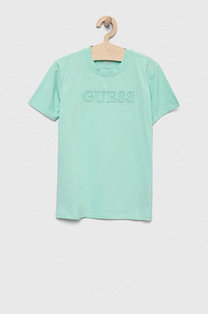 Дитяча футболка Guess колір бірюзовий однотонний