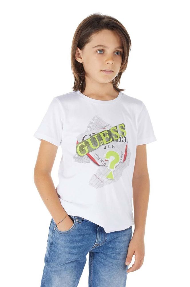 Дитяча бавовняна футболка Guess колір білий з принтом (3303120)